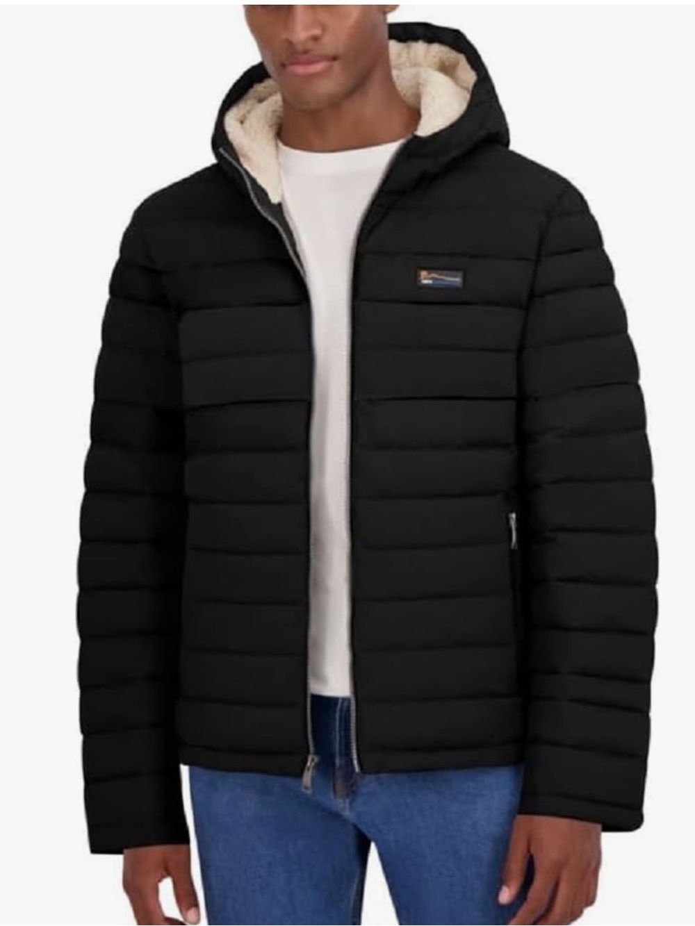 Sherpa-Lined Black Men's Puffer Jacket with Hood
